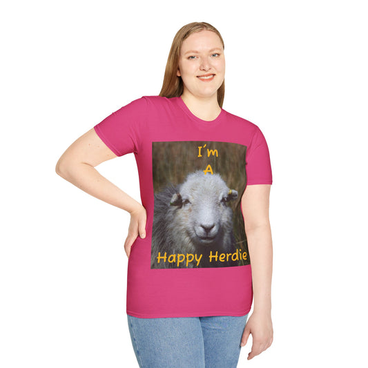 'I'm a Happy Herdie' Unisex Softstyle T-Shirt - Nature Inspired Cumbrian Herdie Sheep Lover Tee